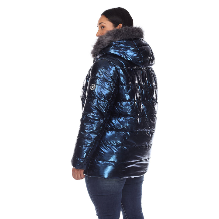 Women's Plus Size Metallic Puffer Coat with Hoodie