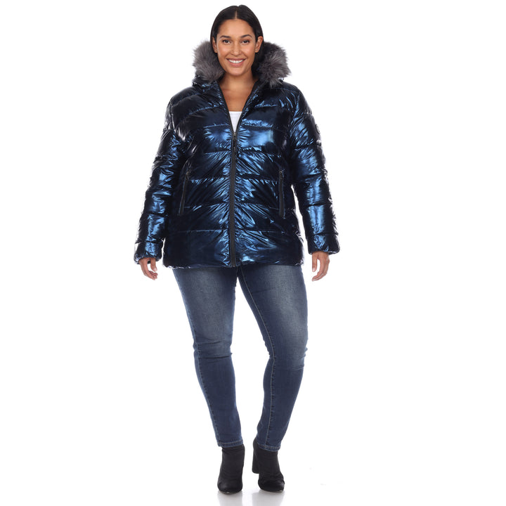 Women's Plus Size Metallic Puffer Coat with Hoodie