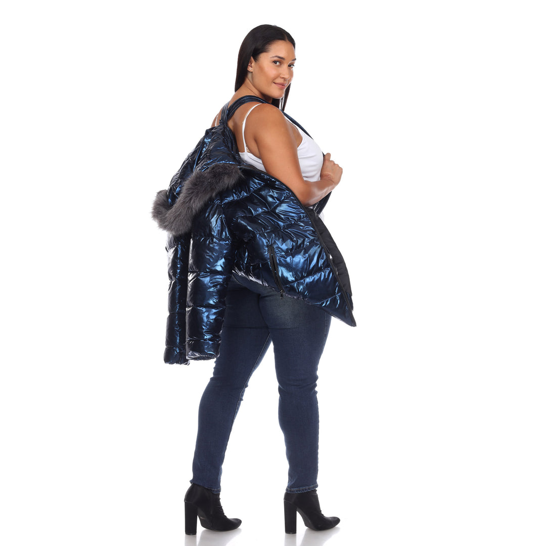 Women's Plus Size Metallic Puffer Coat with Hoodie
