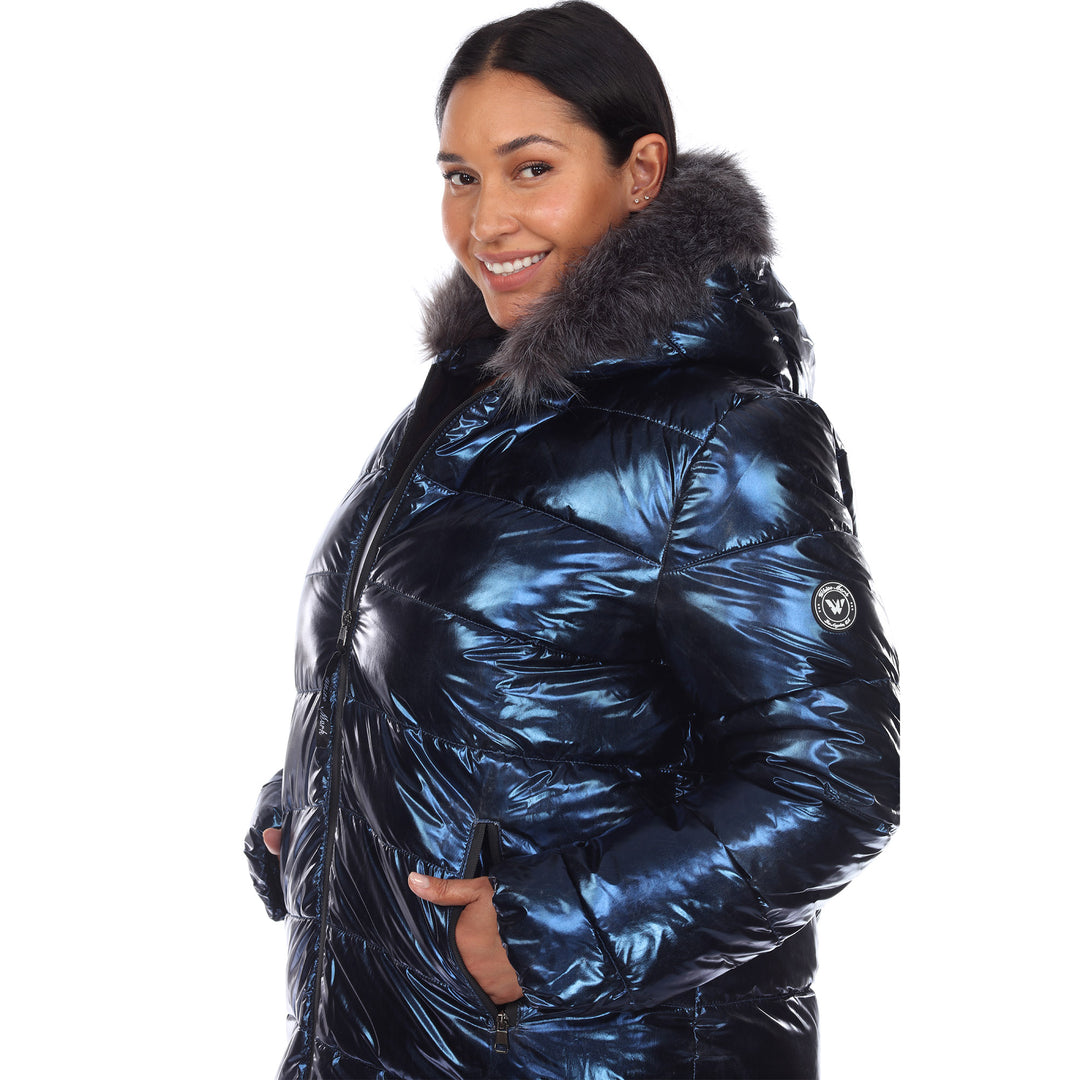 Women's Plus Size Metallic Puffer Coat with Hoodie