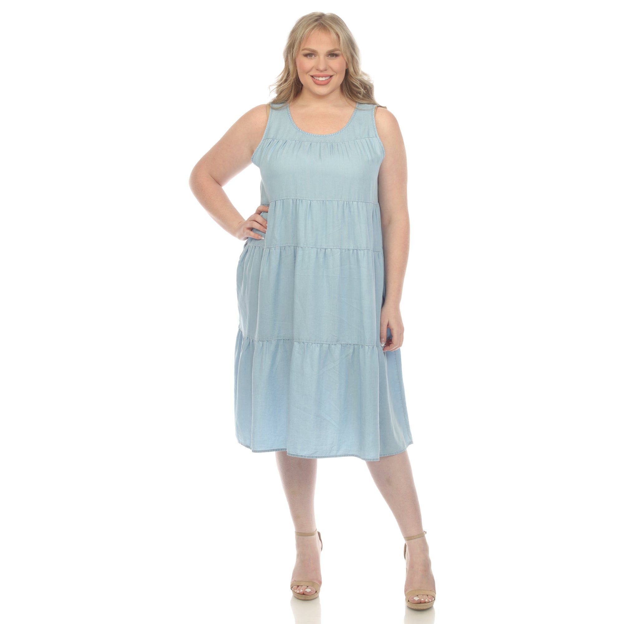 Women's Plus Size Sleeveless Tiered Chambray Midi Dress – White Mark