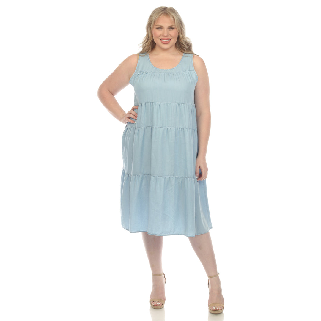 Women's Plus Size Sleeveless Tiered Chambray Midi Dress
