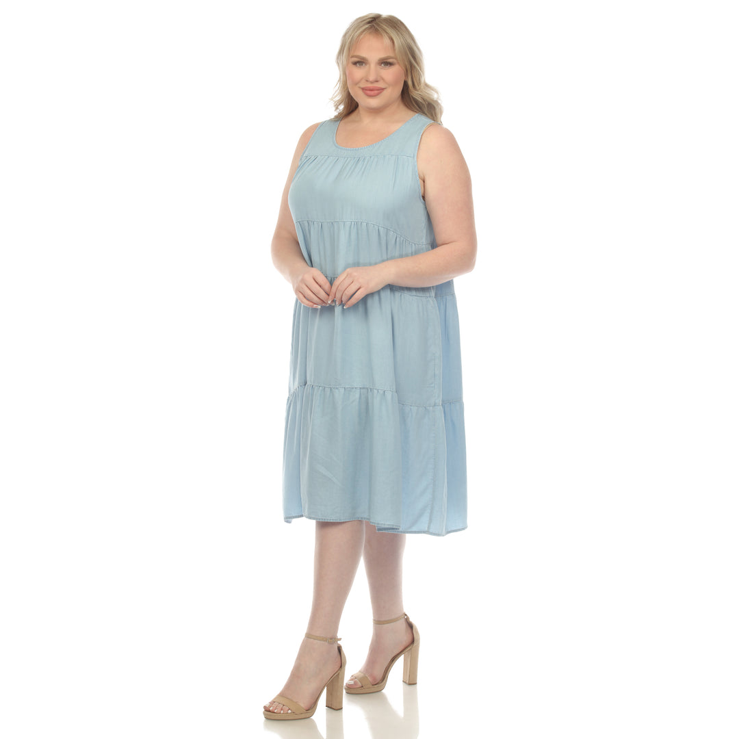 Women's Plus Size Sleeveless Tiered Chambray Midi Dress