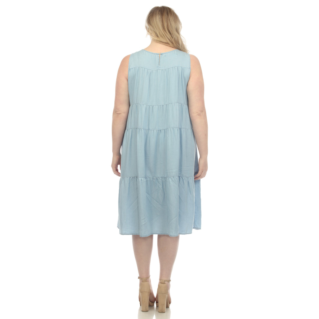 Women's Plus Size Sleeveless Tiered Chambray Midi Dress