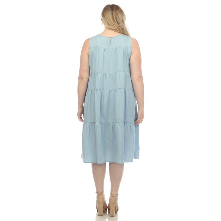 Women's Plus Size Sleeveless Tiered Chambray Midi Dress