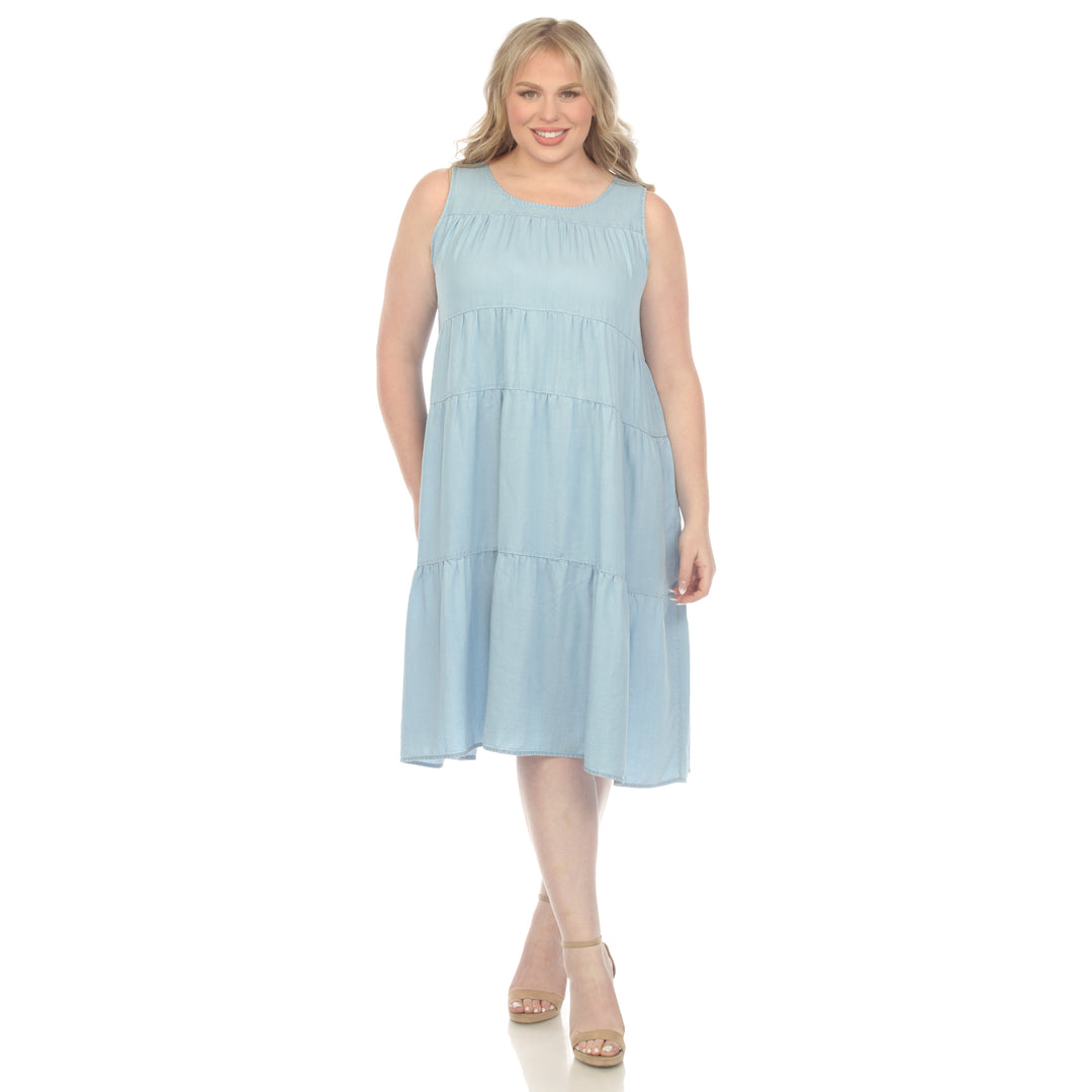 Women's Plus Size Sleeveless Tiered Chambray Midi Dress