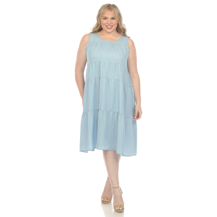 Women's Plus Size Sleeveless Tiered Chambray Midi Dress