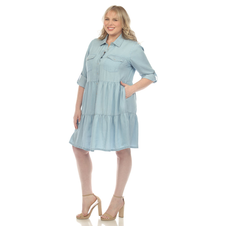 Women's Plus Size Long Sleeve Tiered Midi Shirt Dress