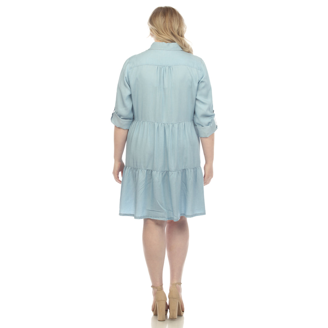 Women's Plus Size Long Sleeve Tiered Midi Shirt Dress