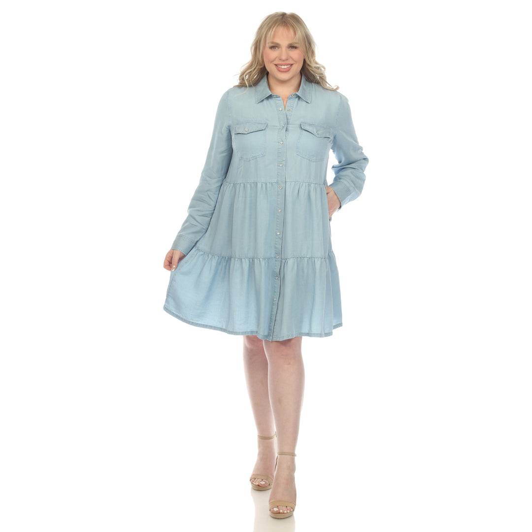 Women's Plus Size Long Sleeve Tiered Midi Shirt Dress