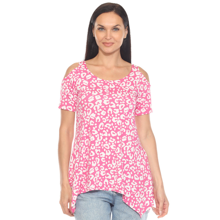 Women's Cold Shoulder Leopard Print Short Sleeve Tunic Top