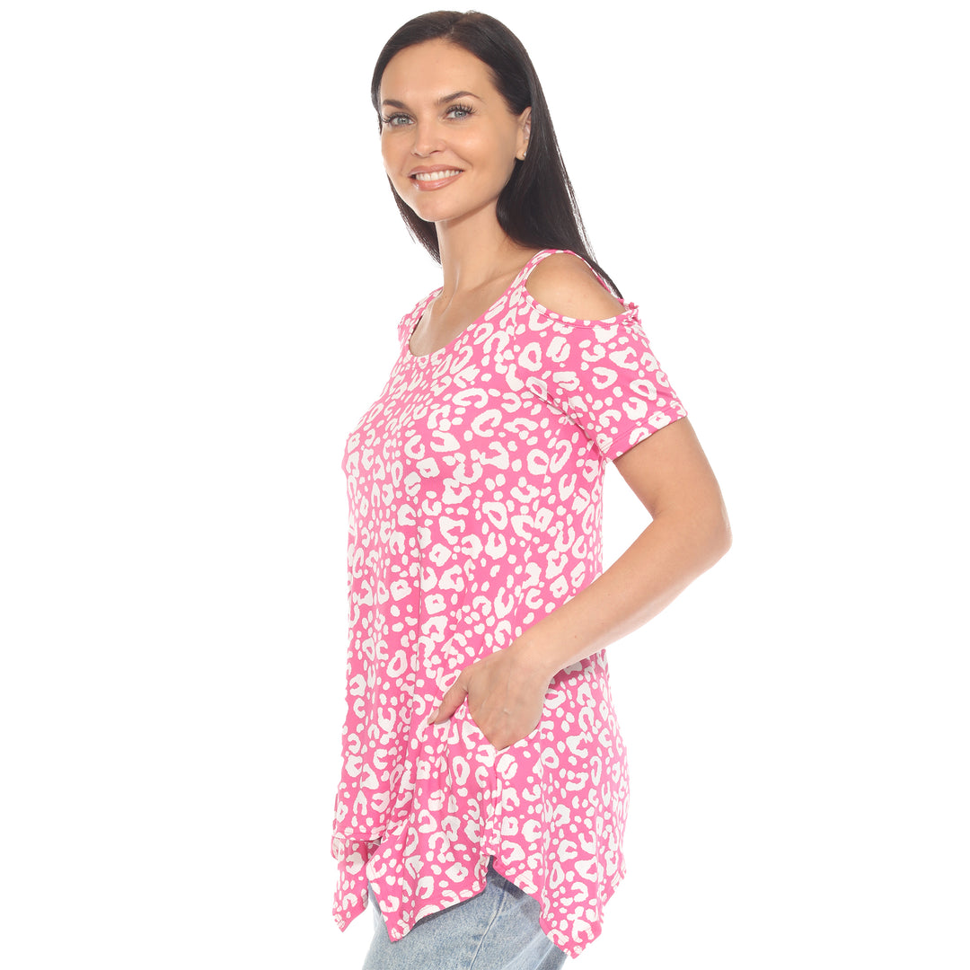 Women's Cold Shoulder Leopard Print Short Sleeve Tunic Top