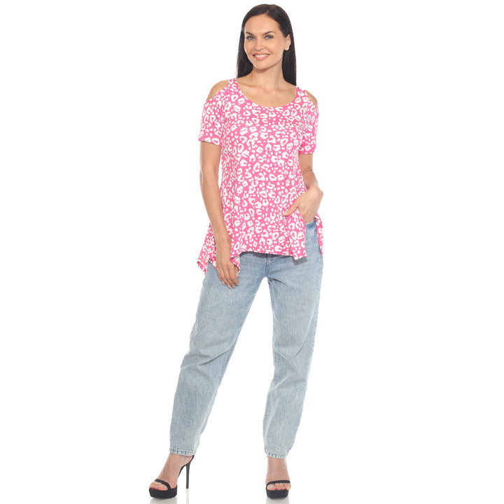 Women's Cold Shoulder Leopard Print Short Sleeve Tunic Top