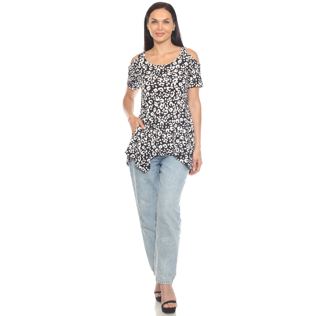 Women's Cold Shoulder Leopard Print Short Sleeve Tunic Top
