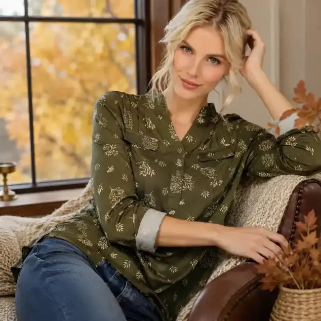 Women’s tops collection - olive green printed top with jeans