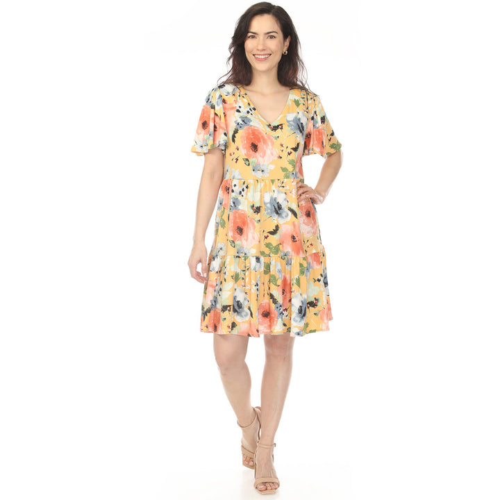 Yellow V-Neck Floral Tiered Dress