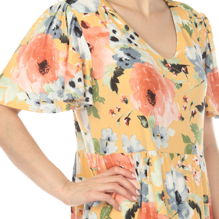 Yellow V-Neck Floral Tiered Dress