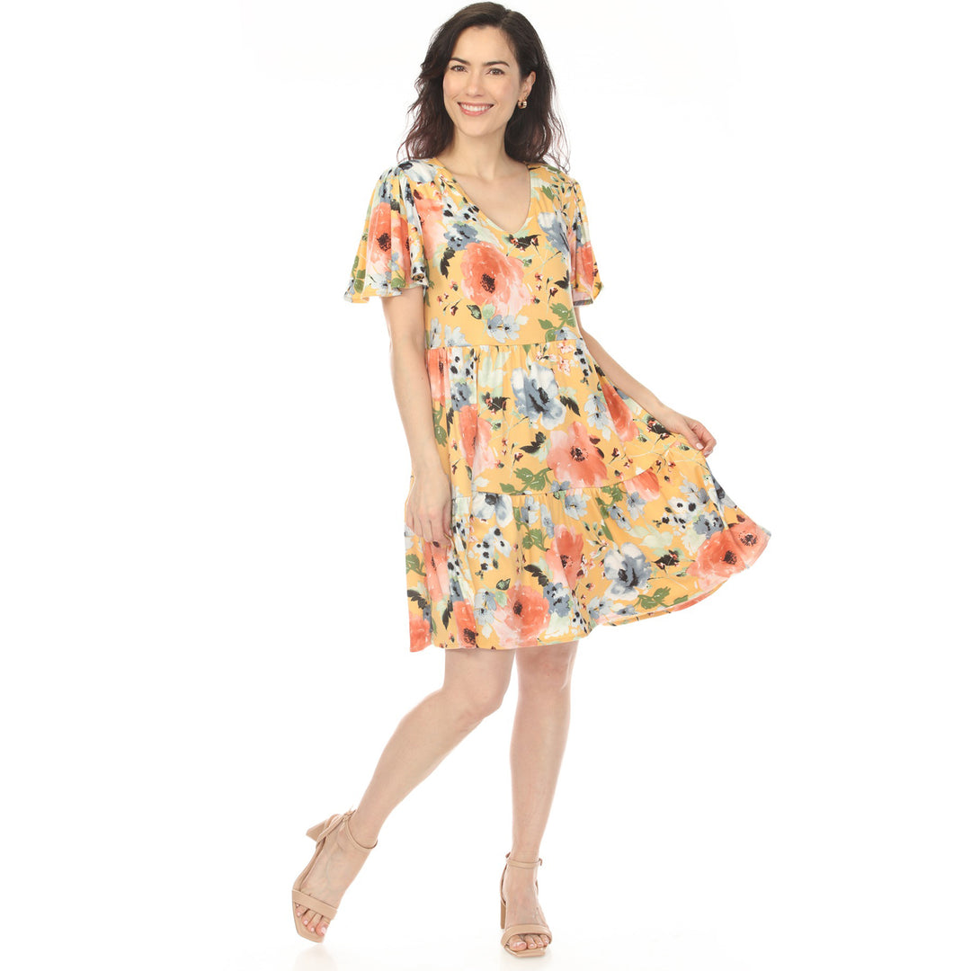 Yellow V-Neck Floral Tiered Dress
