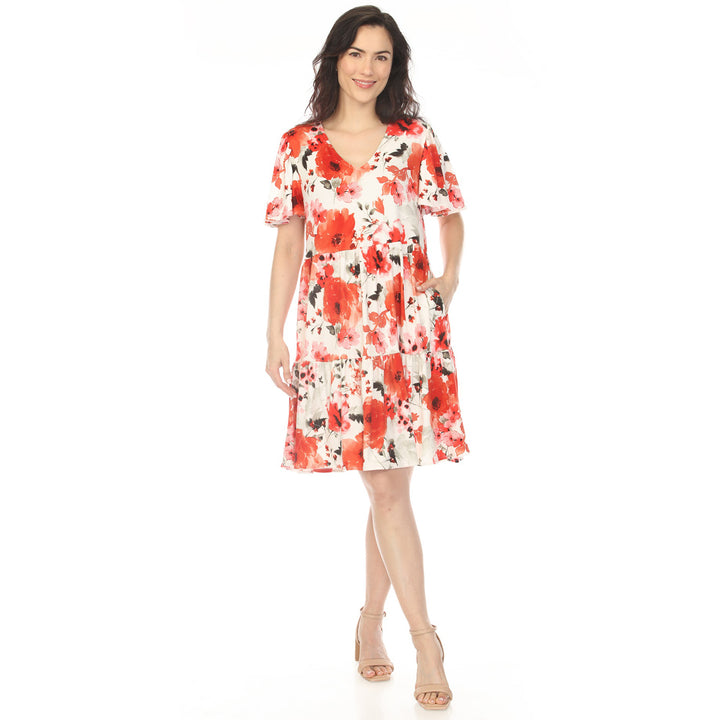 Red V-Neck Floral Tiered Dress
