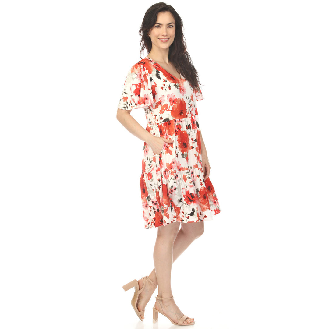 Red V-Neck Floral Tiered Dress