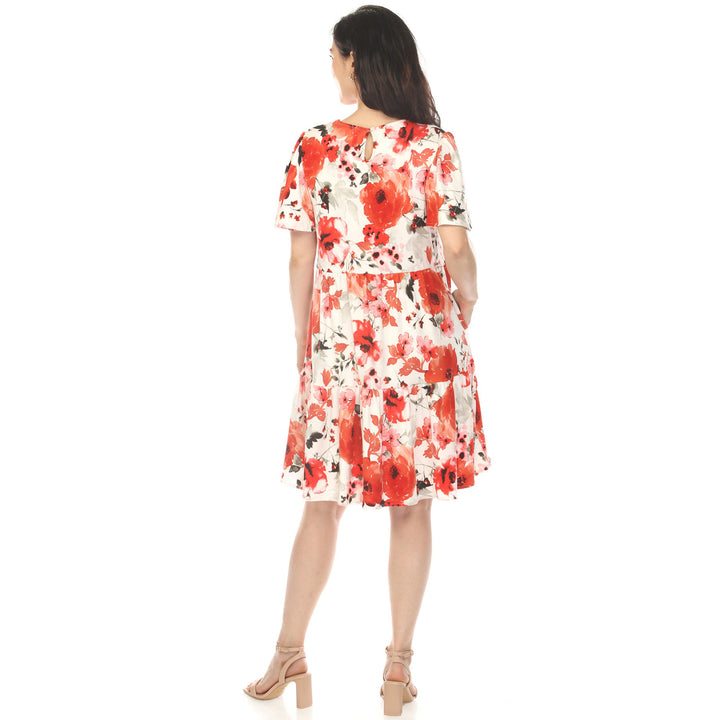 Red V-Neck Floral Tiered Dress