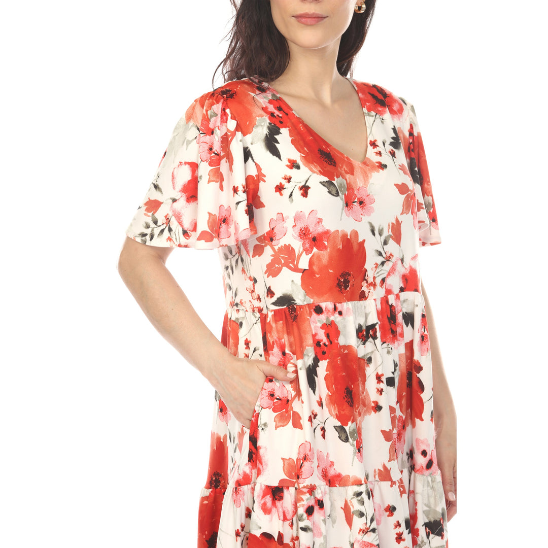Red V-Neck Floral Tiered Dress