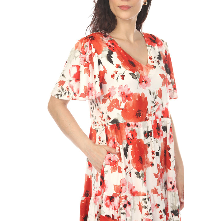 Red V-Neck Floral Tiered Dress