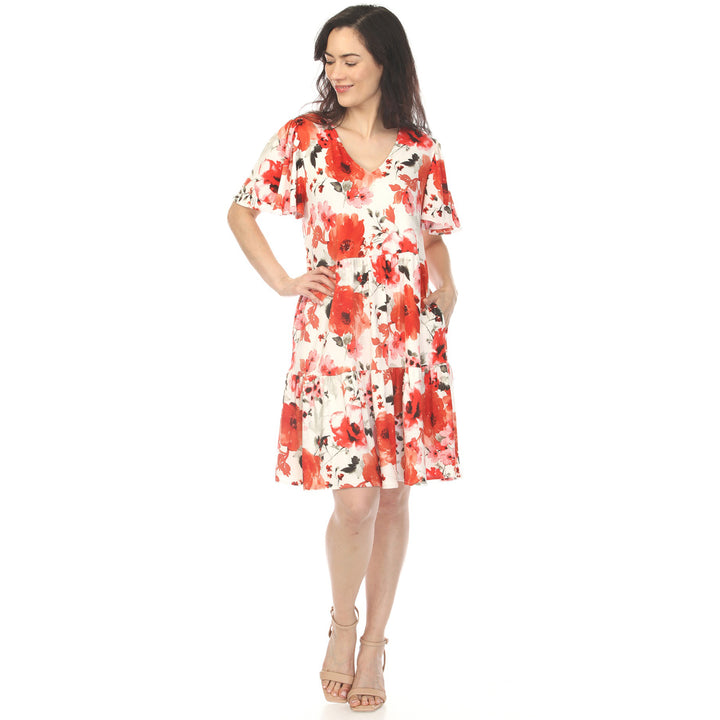 Red V-Neck Floral Tiered Dress