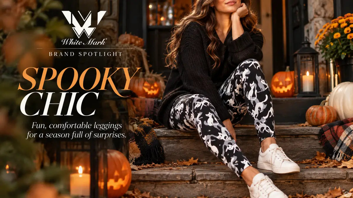 Spooky Chic brand spotlight - cat-print leggings styled with a black sweater