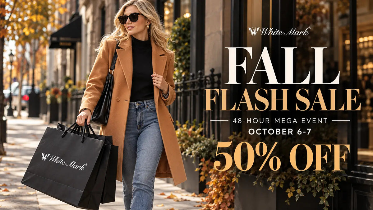 Fall Flash Sale, October 6–7 - 50% off, woman in camel coat with shopping bags - White Mark