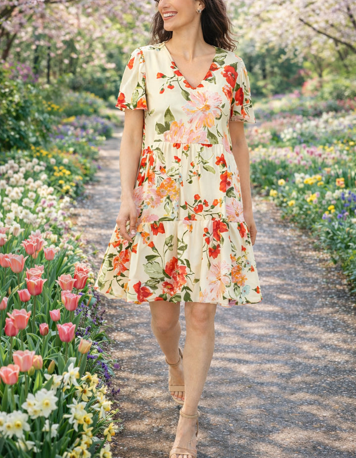 Women's V-Neck Tropical Flower Short Sleeve Dress
