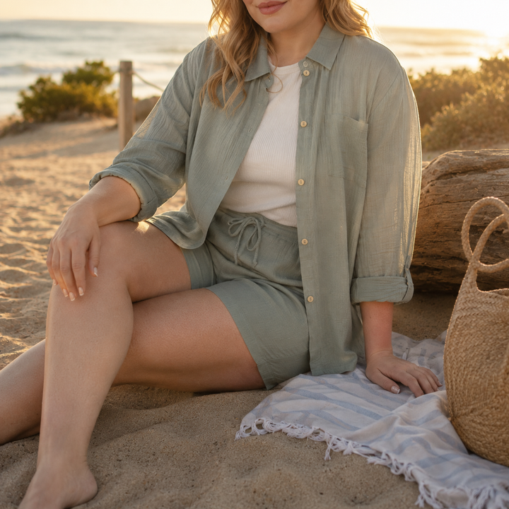 Plus Size Gauze Button-Front Shirt &amp; Shorts Set