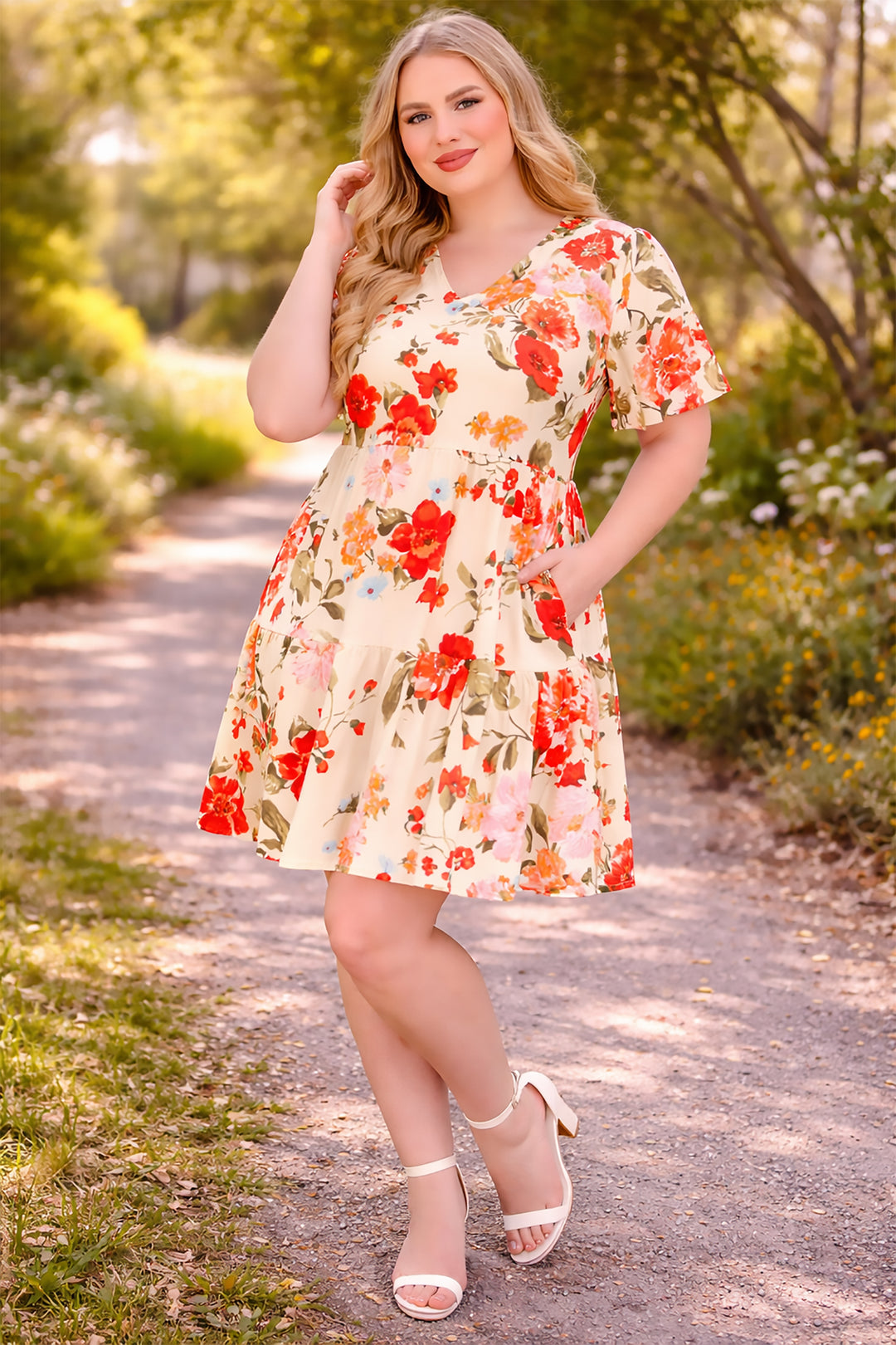 Plus Size V-Neck Tropical Flower Short Sleeve Dress