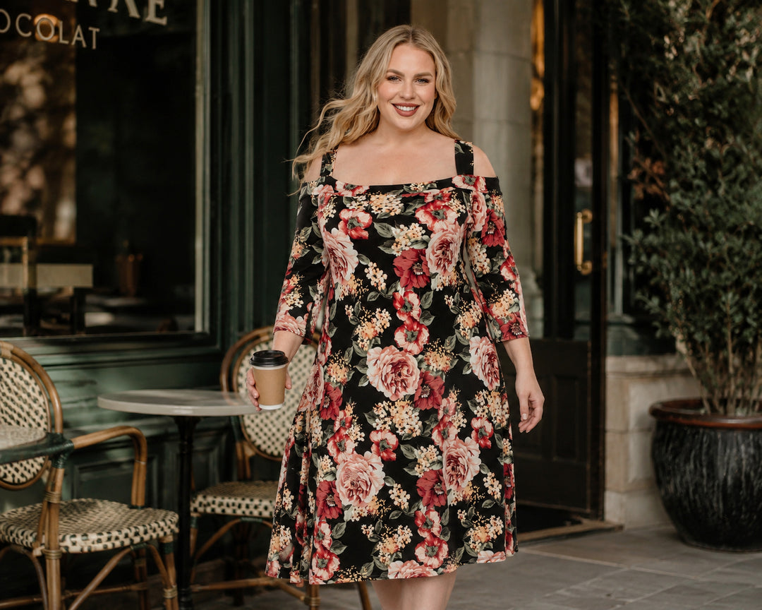Plus Size Cold Shoulder 3/4 Sleeve Dress