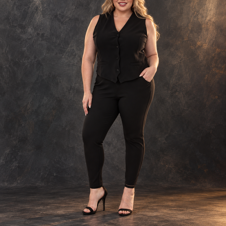 Plus size black tailored vest and ankle pants matching set — White Mark