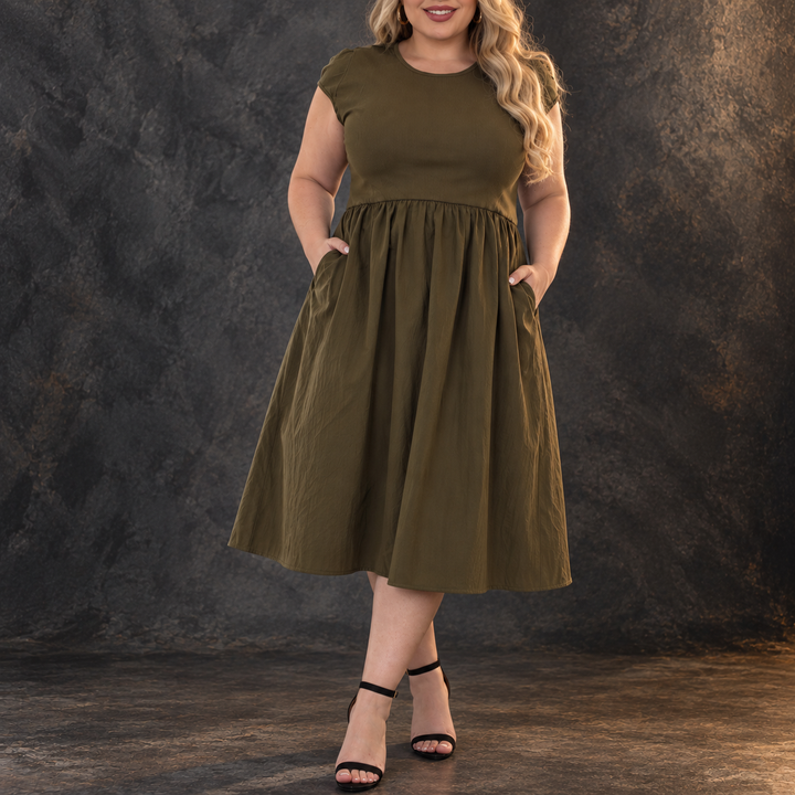 Plus size olive green fit-and-flare midi dress — White Mark