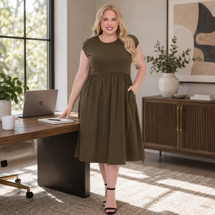 Plus Size Ultrasoft Cotton Knit to Woven Midi Dress