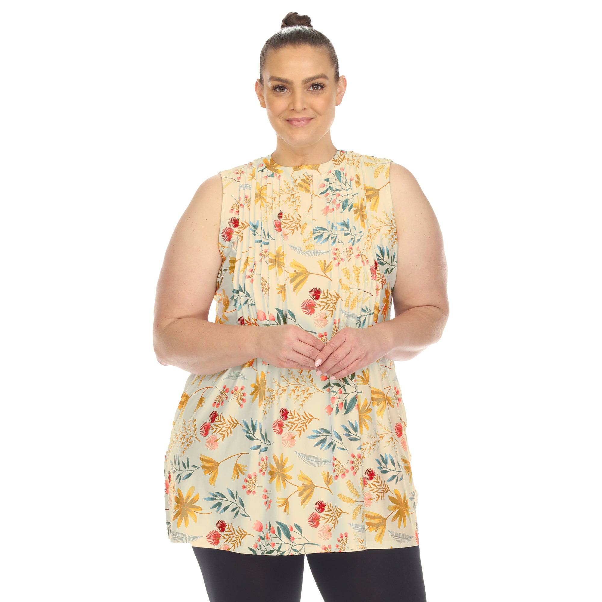 Women's Plus Size Floral Sleeveless Tunic Top – White Mark