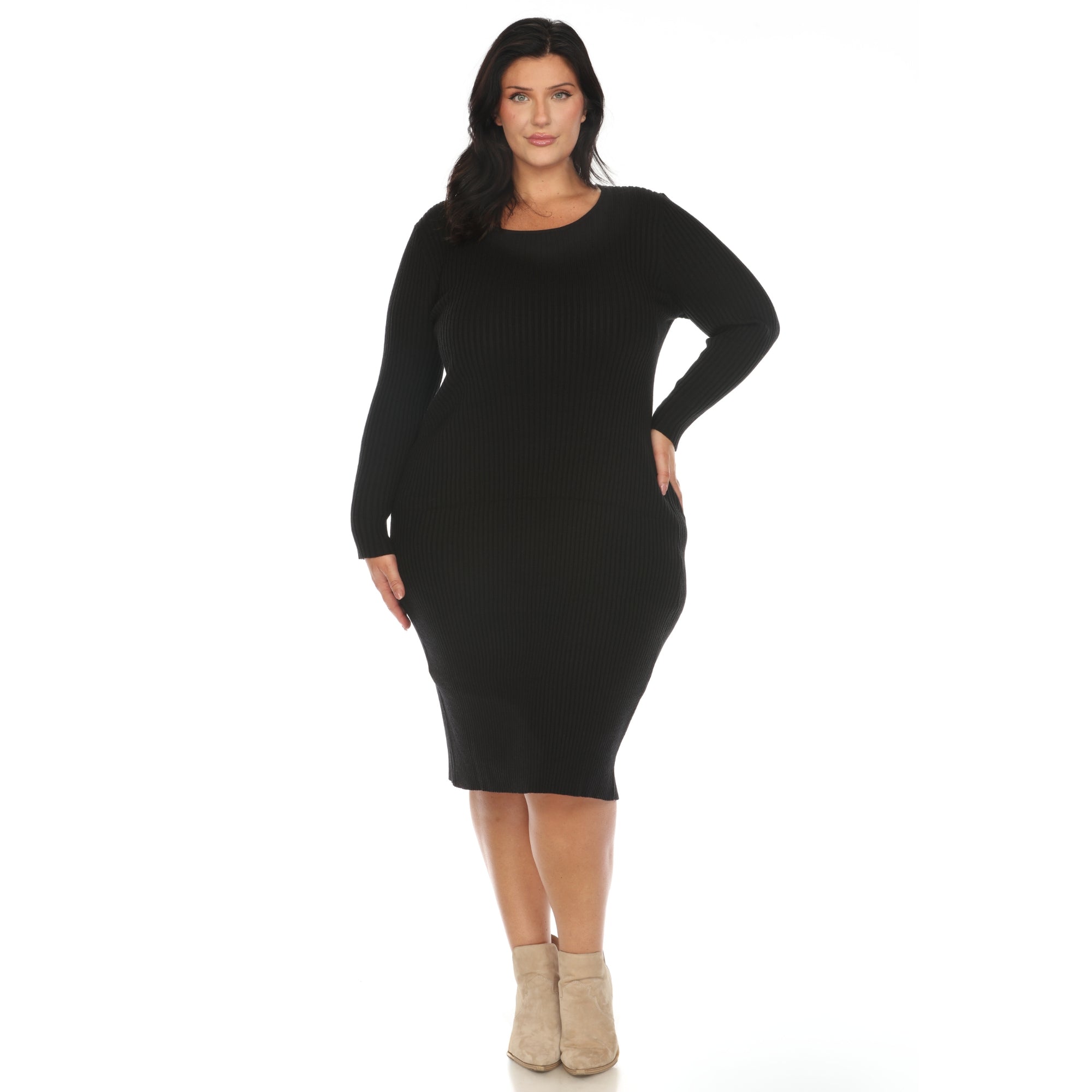 Plus Size Long Sleeve Rib Midi Sweater Dress – White Mark