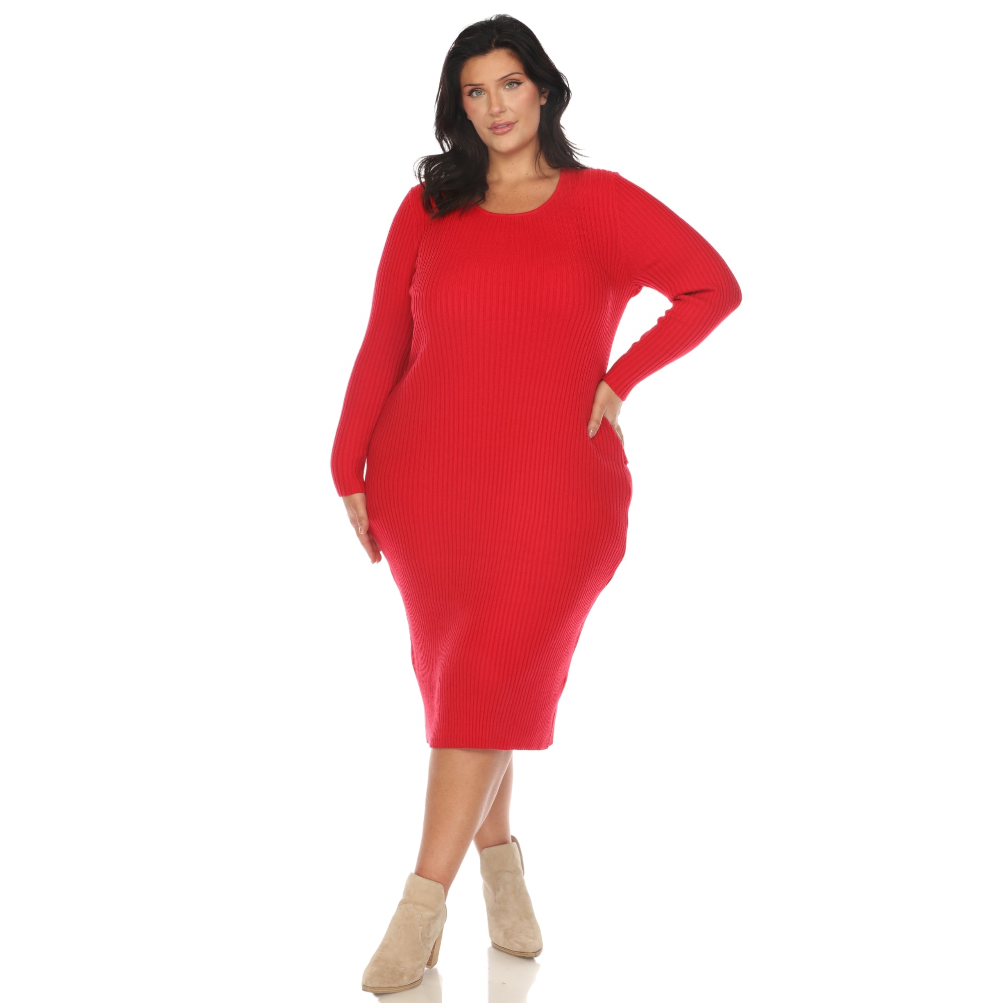Plus Size Long Sleeve Rib Midi Sweater Dress – White Mark