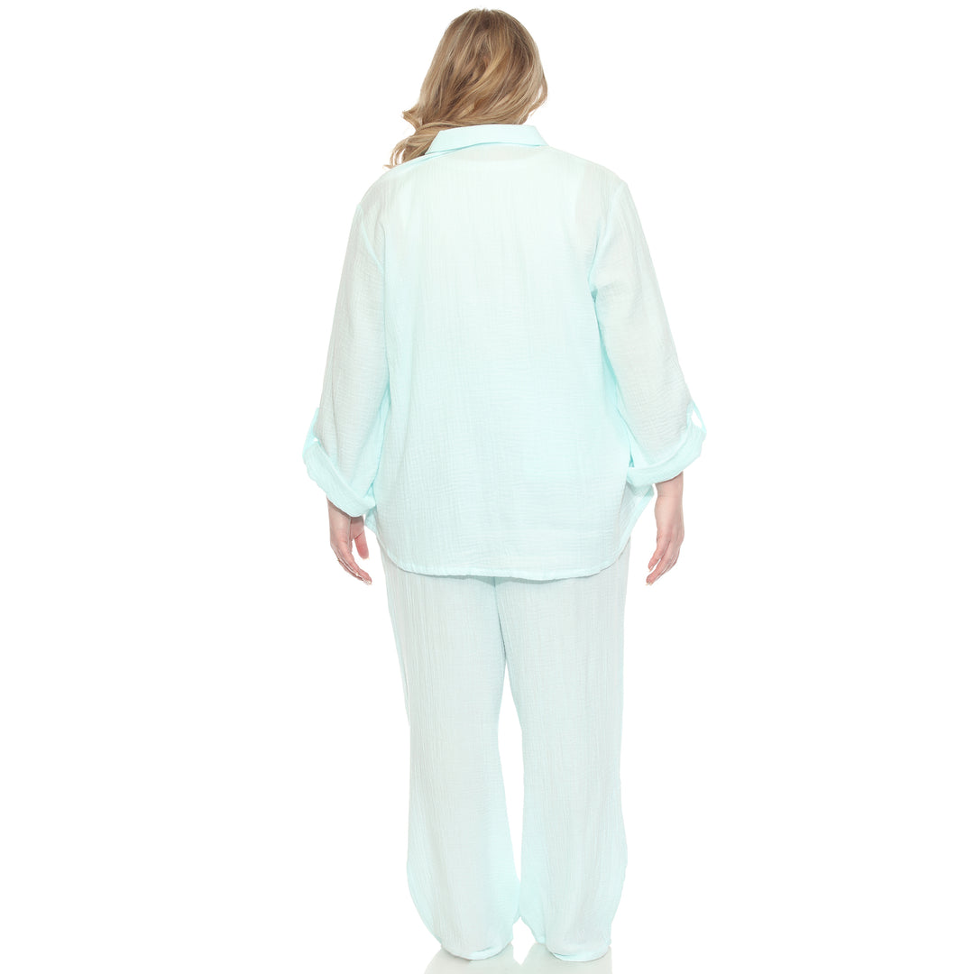 Plus Size Long Sleeve Button Down Cotton Gauze Set