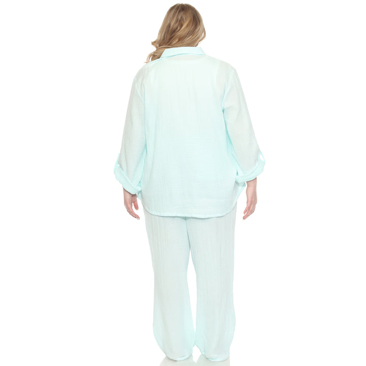 Plus Size Long Sleeve Button Down Cotton Gauze Set
