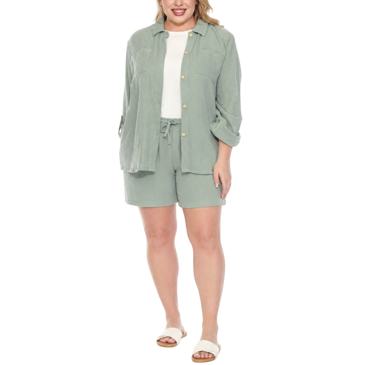 Plus Size Gauze Button-Front Shirt &amp; Shorts Set