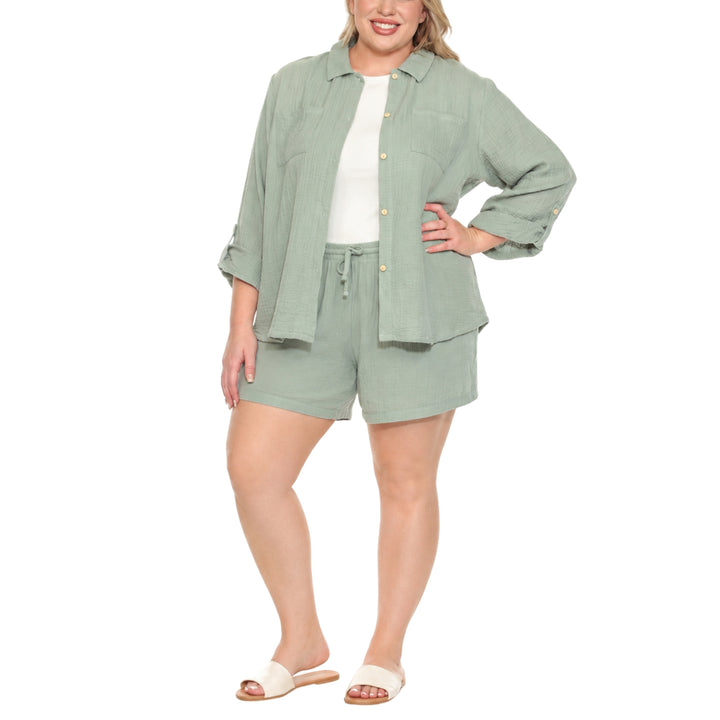 Plus Size Gauze Button-Front Shirt &amp; Shorts Set