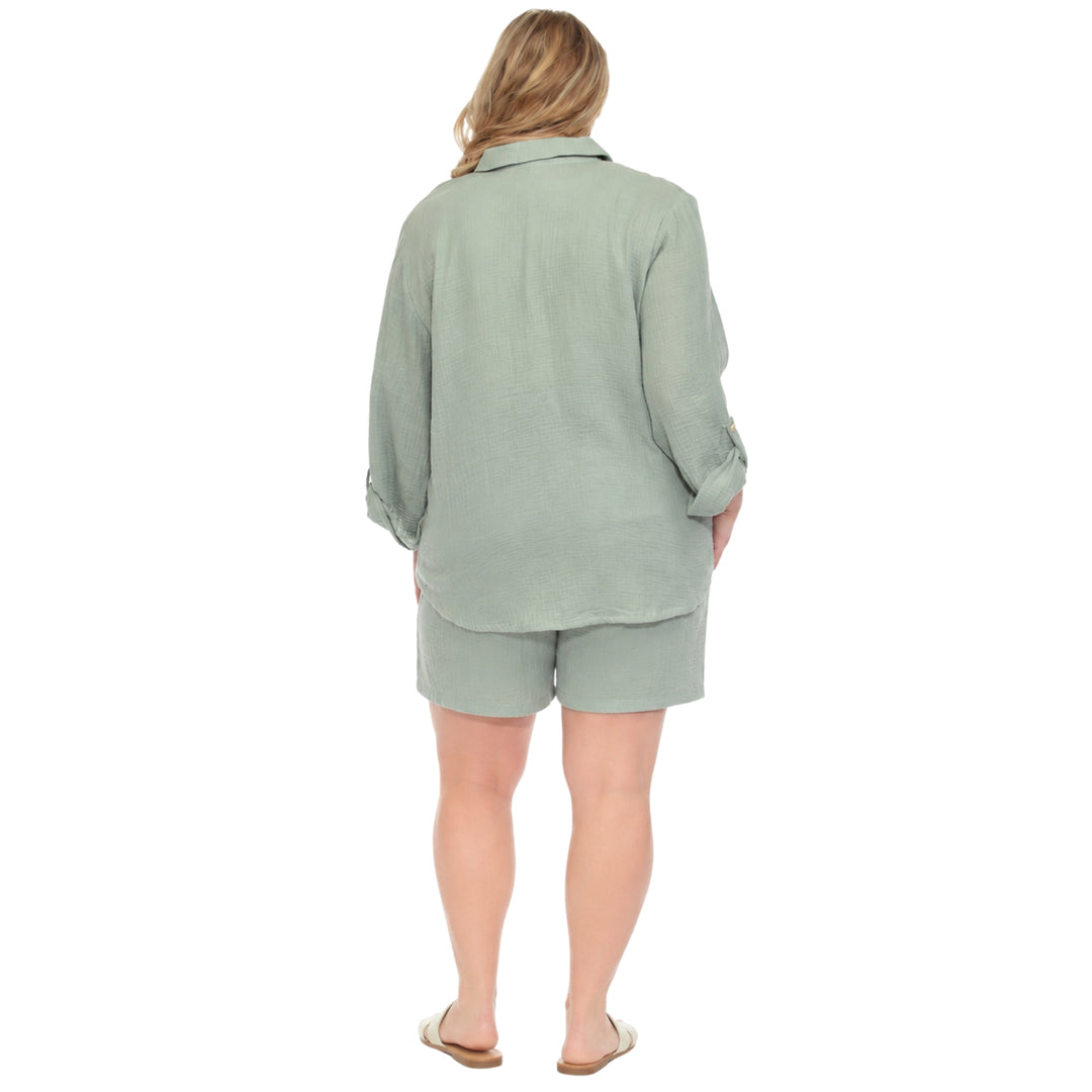 Plus Size Gauze Button-Front Shirt &amp; Shorts Set