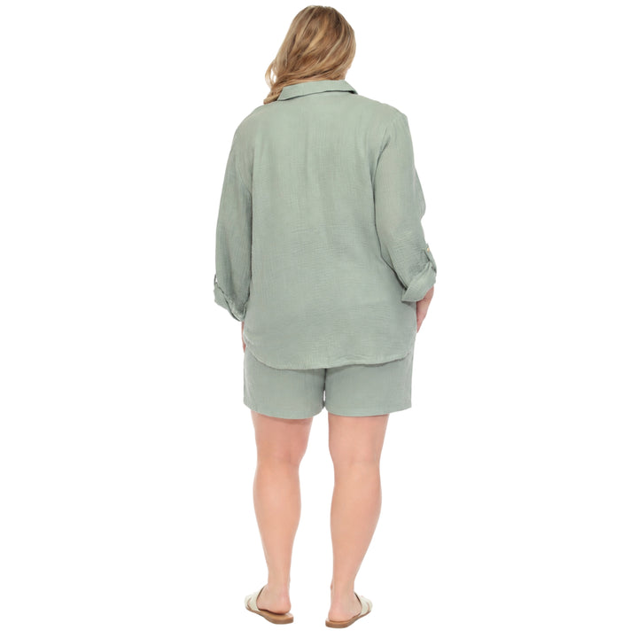 Plus Size Gauze Button-Front Shirt &amp; Shorts Set