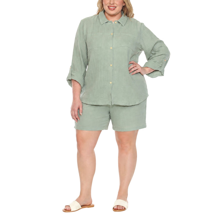 Plus Size Gauze Button-Front Shirt &amp; Shorts Set