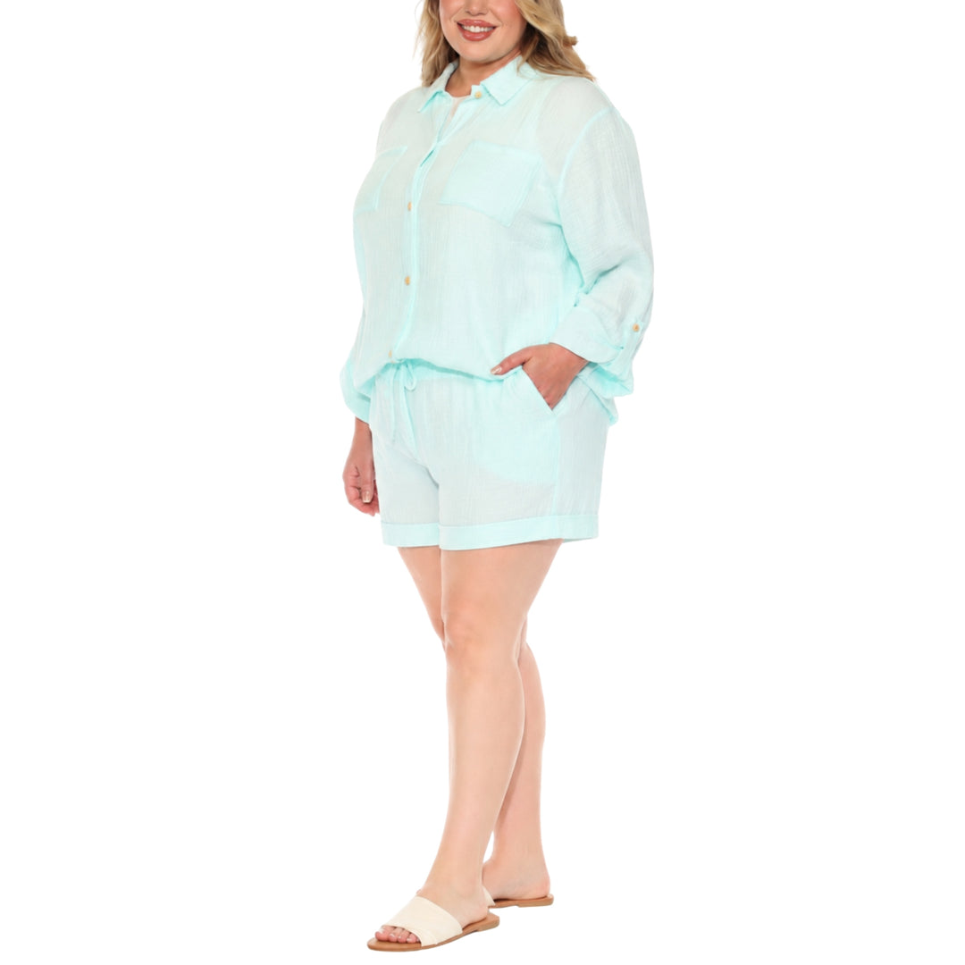 Plus Size Gauze Button-Front Shirt &amp; Shorts Set