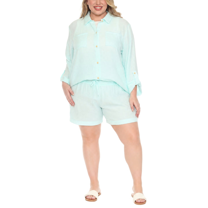 Plus Size Gauze Button-Front Shirt &amp; Shorts Set
