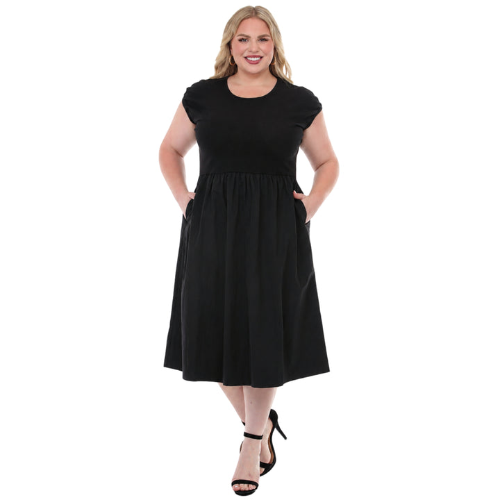 Plus Size Ultrasoft Cotton Knit to Woven Midi Dress